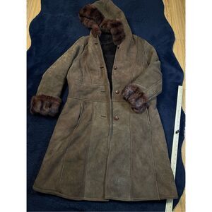 Vintage Shearling Trench Coat Lambskin Hood Women’s XL GR